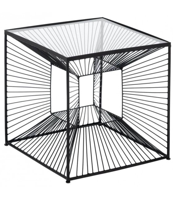 Mesita auxiliar metal negro con sobre de cristal diseño geométrico.