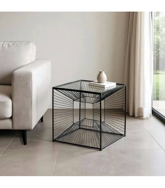Mesita auxiliar metal negro con sobre de cristal diseño geométrico. mdmhogar