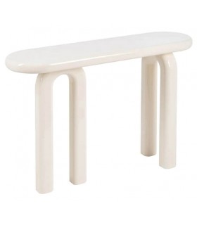 Consola de entrada curva lacada en crema con acabado brillante.