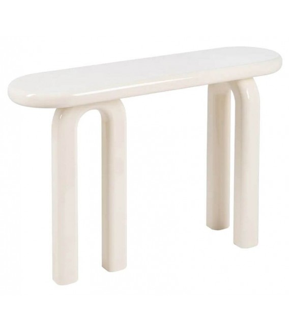 Consola de entrada curva lacada en crema con acabado brillante.
