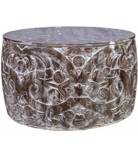 Mesa de centro redonda de madera tallada a mano con acabado blanco.