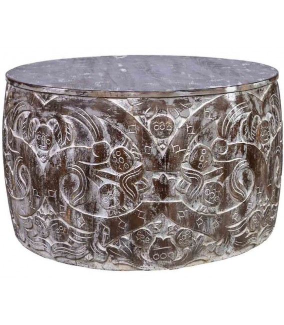 Mesa de centro redonda de madera tallada a mano con acabado blanco.