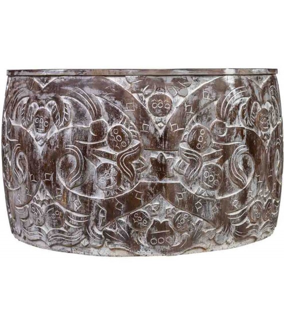 Mesa de centro redonda de madera tallada a mano con acabado blanco. 1