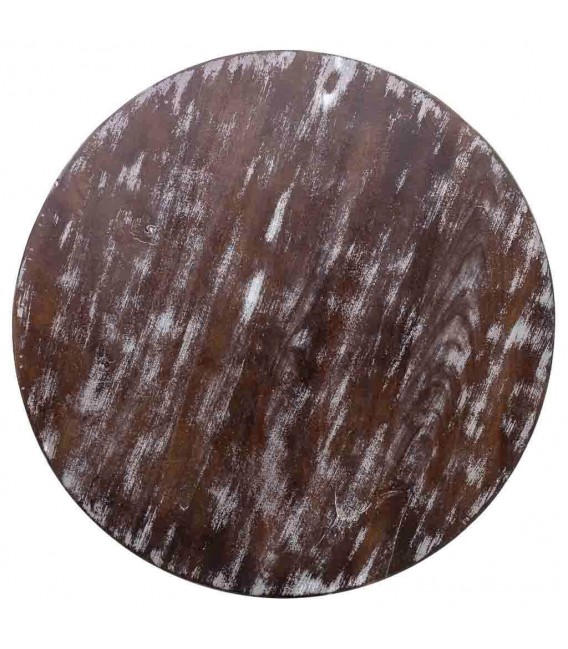 Mesa de centro redonda de madera tallada a mano con acabado blanco. 2