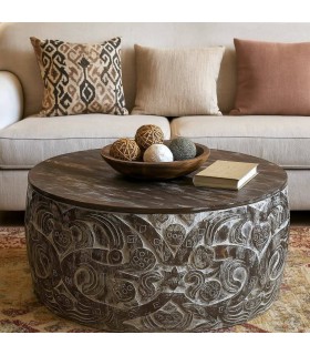 Mesa de centro redonda de madera tallada a mano con acabado blanco. Mdmhogar