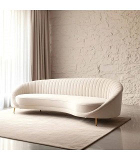 Sofá XL 4 plazas estilo art decó con patas doradas y tapizado crema. Mdmhogar