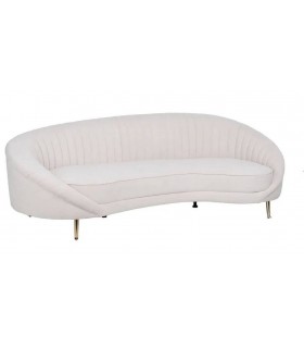 Sofá XL 4 plazas estilo art decó con patas doradas y tapizado crema.