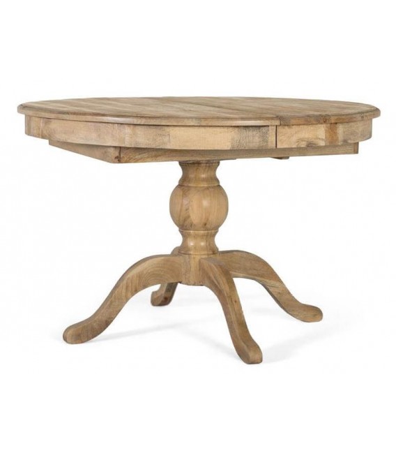 Mesa redonda extensible de comedor en madera maciza de mango natural.