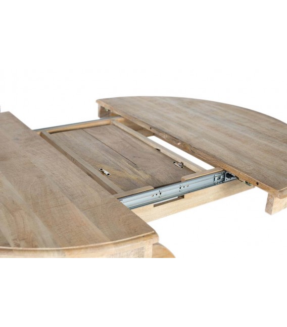 Mesa redonda extensible de comedor en madera maciza de mango natural. 4