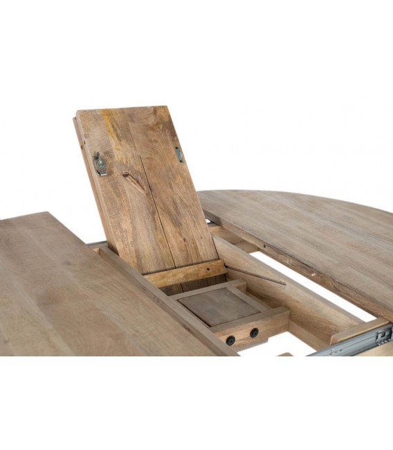 Mesa redonda extensible de comedor en madera maciza de mango natural. 5