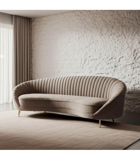 Sofá XL 4 plazas estilo art decó con patas doradas y tapizado topo. Mdmhogar