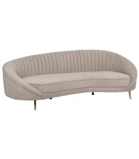 Sofá XL 4 plazas estilo art decó con patas doradas y tapizado topo.