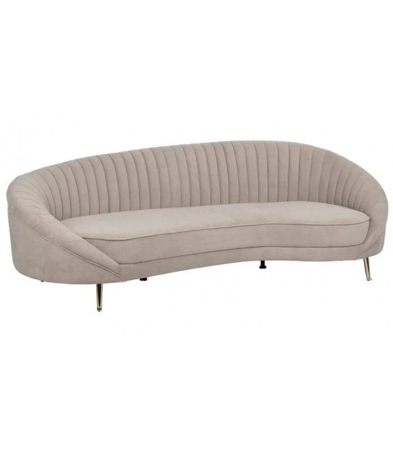 Sofá XL 4 plazas estilo art decó con patas doradas y tapizado topo.