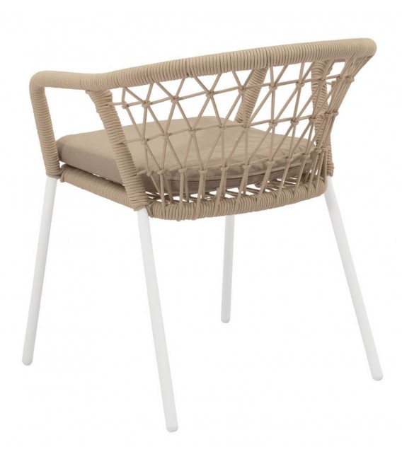 Sillón exterior de metal blanco con cojín y cuerda beige resistente. 3