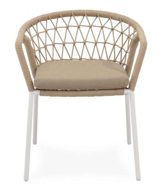 Sillón exterior de metal blanco con cojín y cuerda beige resistente. 1