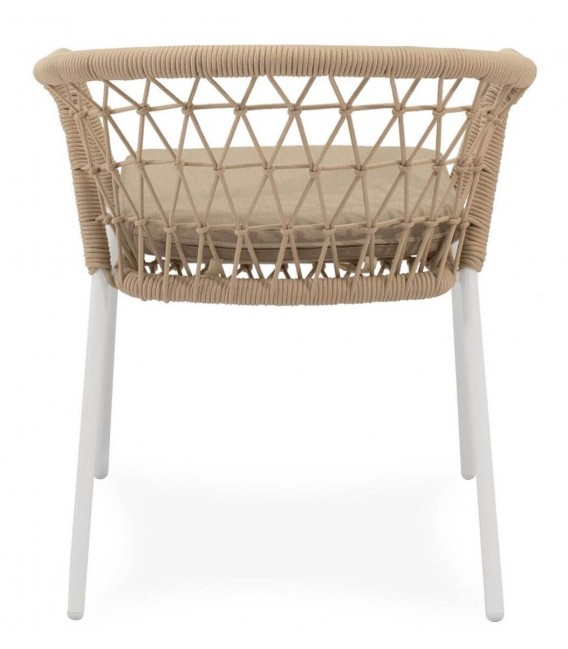 Sillón exterior de metal blanco con cojín y cuerda beige resistente. 4