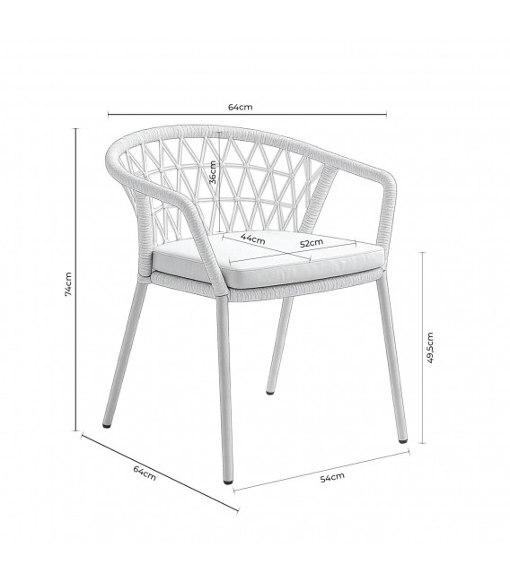 Sillón exterior de metal blanco con cojín y cuerda beige resistente. 5