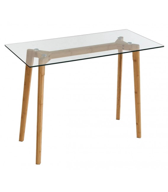 Mesa escritorio pequeña bambú y cristal templado de estilo nórdico.