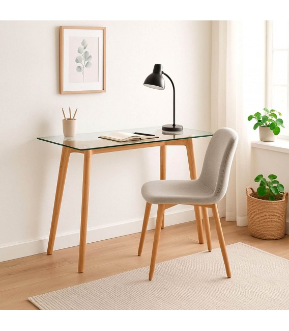 Mesa escritorio pequeña bambú y cristal templado de estilo nórdico. Mdmhogar