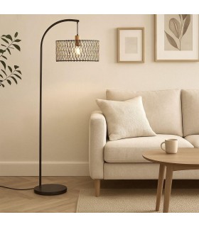 Lámpara de pie estilo chic de metal negro y pantalla natural. Mdmhogar