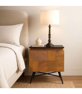 Mesita de noche 2 cajones de madera labrada y tapa negra. Mdmhogar