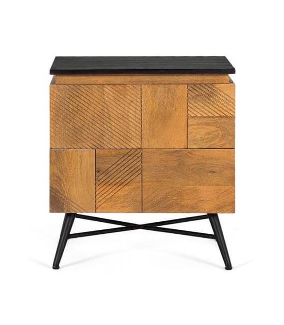 Mesita de noche 2 cajones de madera labrada y tapa negra. 1