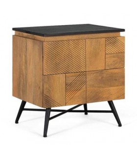 Mesita de noche 2 cajones de madera labrada y tapa negra.