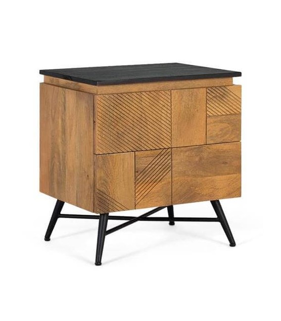 Mesita de noche 2 cajones de madera labrada y tapa negra.