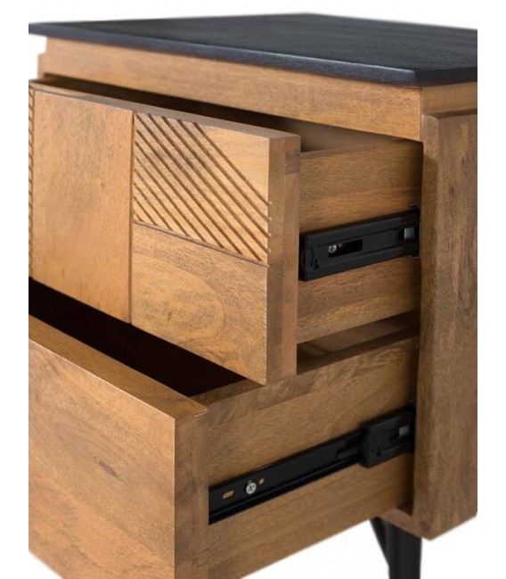 Mesita de noche 2 cajones de madera labrada y tapa negra. 2