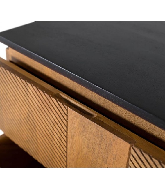 Mesita de noche 2 cajones de madera labrada y tapa negra. 3