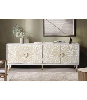 Mueble de tv madera tallada blanco y beige tiradores especiales. Mdmhogar