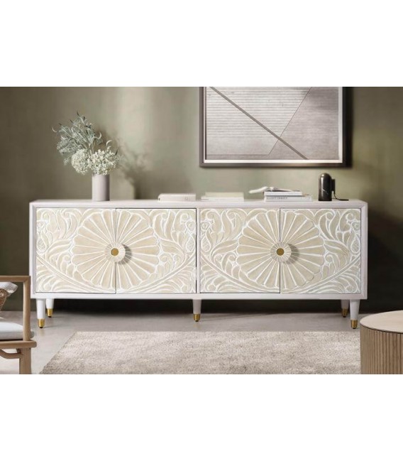 Mueble de tv madera tallada blanco y beige tiradores especiales. Mdmhogar