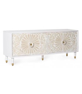 Mueble de tv madera tallada blanco y beige tiradores especiales.