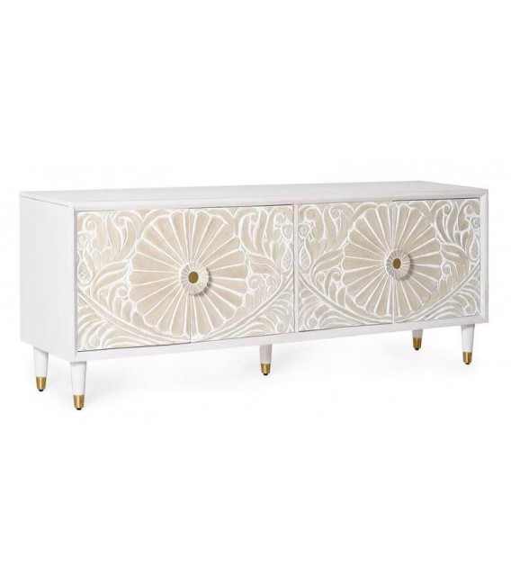 Mueble de tv madera tallada blanco y beige tiradores especiales.