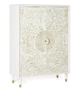 Armario alacena puertas talladas acabado blanco y beige.