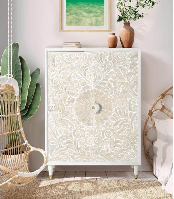 Armario alacena puertas talladas acabado blanco y beige. Mdmhogar