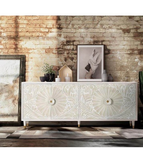 Aparador grande madera tallada blanco y beige estilo art decó. Mdmhogar