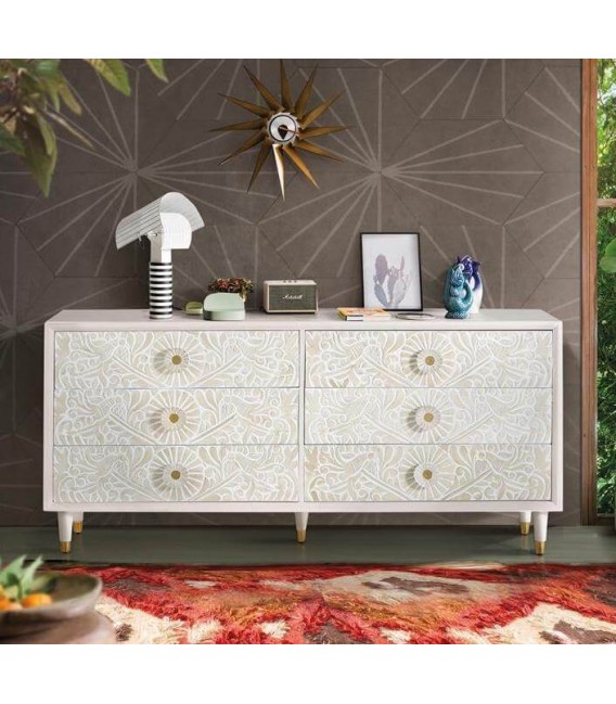 Comoda XL madera tallada blanco, toques dorados estilo art decó. Mdmhogar