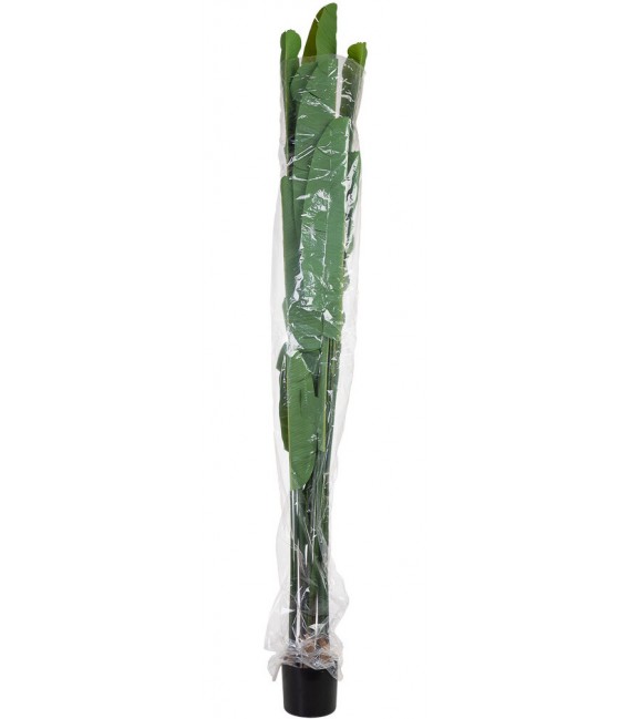 Planta artificial alta con hojas tropicales verdes y maceta negra. 2