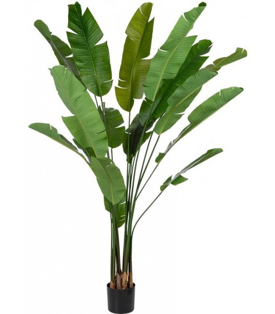 Planta artificial alta con hojas tropicales verdes y maceta negra.