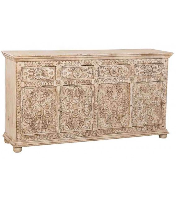 Aparador tallado artesanalmente en madera maciza con acabado patinado.