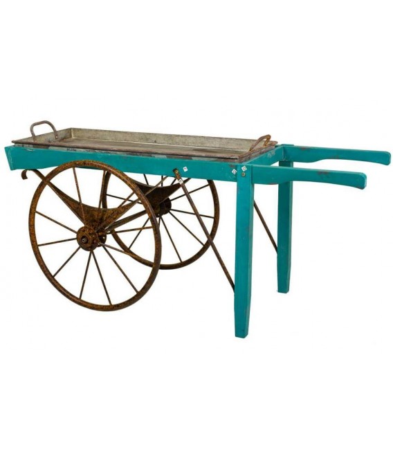 Carro expositor vintage madera azul con ruedas metálicas envejecidas. 1