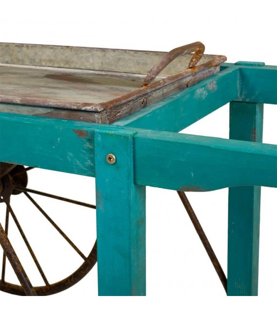 Carro expositor vintage madera azul con ruedas metálicas envejecidas. 4