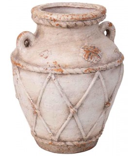 Jarrón decorativo crema con relieve clásico en acabado envejecido.