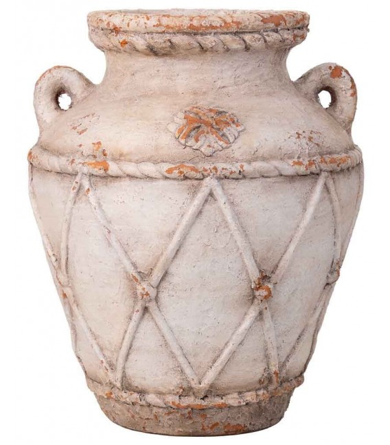 Jarrón decorativo crema con relieve clásico en acabado envejecido. 1