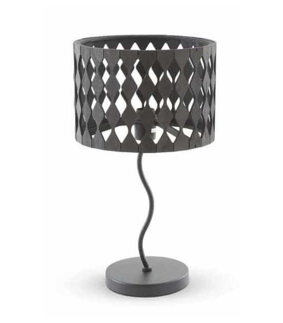 Lámpara sobremesa de metal negro con pantalla en contrachapado negro.