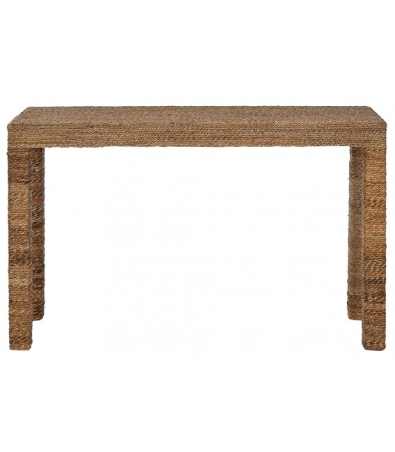 Consola de entrada boho de madera maciza y fibra natural trenzada. 1