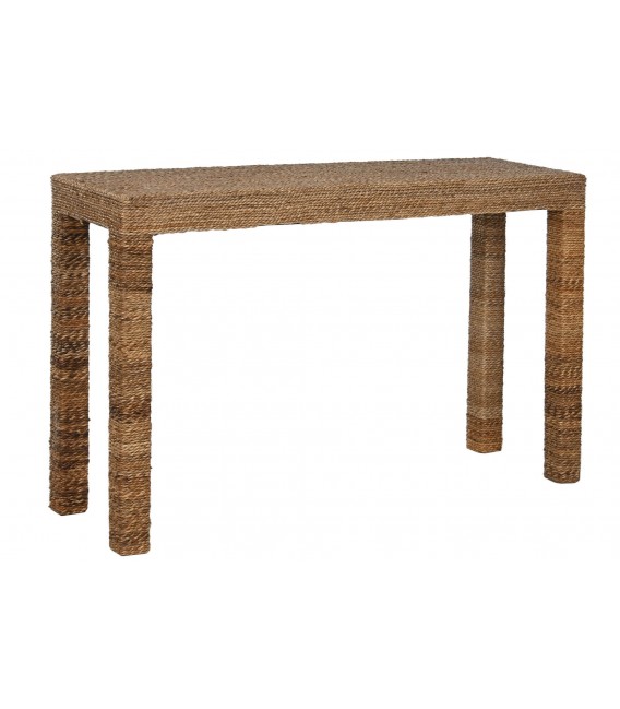 Consola de entrada boho de madera maciza y fibra natural trenzada.