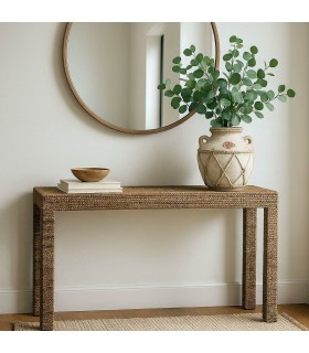 Consola de entrada boho de madera maciza y fibra natural trenzada. Mdmhogar
