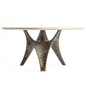 Mesa comedor redonda XL art decó base acero y tapa travertino. 1